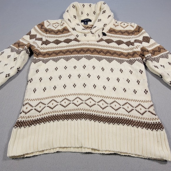 Chaps Sweater Brown Cream Fair Isle Pullover Knit Shawl Collar Women's Medium - Picture 1 of 8